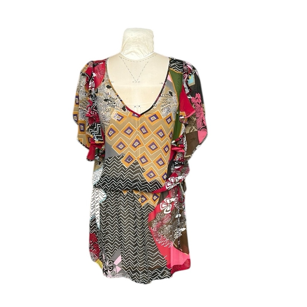 Vintage Pinkerton Anthropologie Silk Sheer Patchwork Dress Geometric Ruffles L